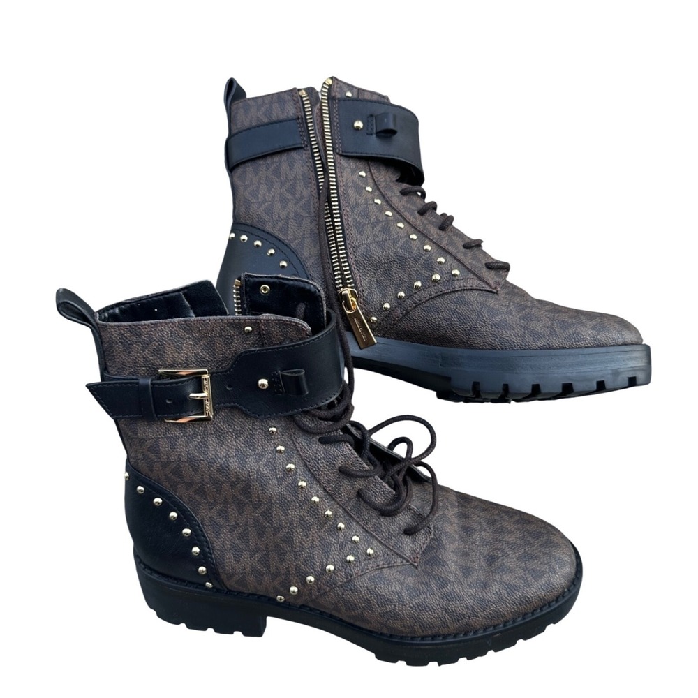 Michael Kors Brown Monogram Studded Combat Boots SG21E Womens 7M Lug Sole